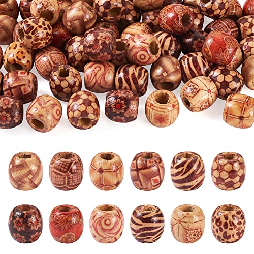 Craftdady 50Pcs 16x17mm Mixed Printed Drum Wooden Beads Large Hole Barrel Wood Loose Spacer Charm Macrame Beads for Jewelry Craft Making