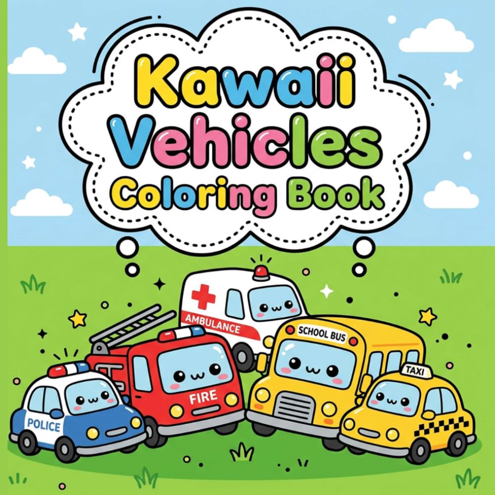 Kawaii Vehicles Coloring Book: Adorable Cars Trucks and Boats with Big Expressive Eyes for Super Cute and Relaxing Screen-Free Fun