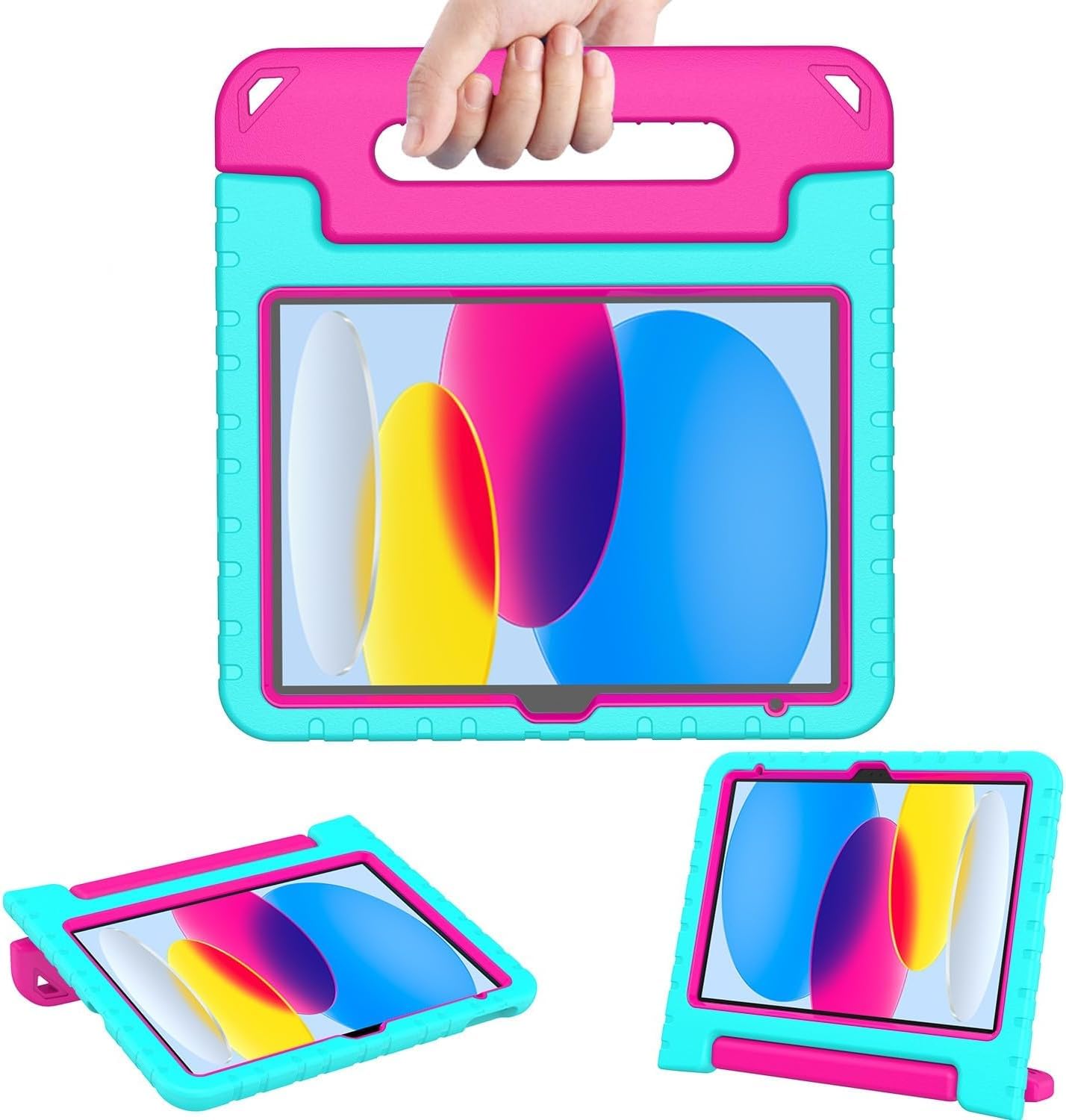BMOUO Kids Case for iPad (A16) 11th Generation 11 Inch 2025, iPad 10th Generation 10.9" 2022 with Built-in Screen Protector, Shockproof Lightweight Handle Case for iPad 10/11 Gen, Turquoise and Rose
