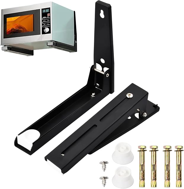 1 Pair Adjustable Microwave Brackets, Foldable Stretch Microwave Oven Wall Mount Bracket from 9 to 15.7 Inch, Universal Stainless Steel Microwave Oven Rack for Most Microwaves