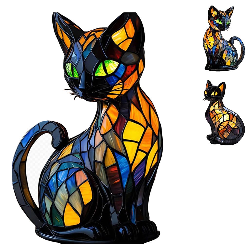lampe chat vitrail,lampe en forme de chat,cat lamp mosaic,lampe de table en vitrail représentant un chat,katzenlampe mosaik,lampe à vitrail d'animaux,lampe chat led,lampe de table animale-A