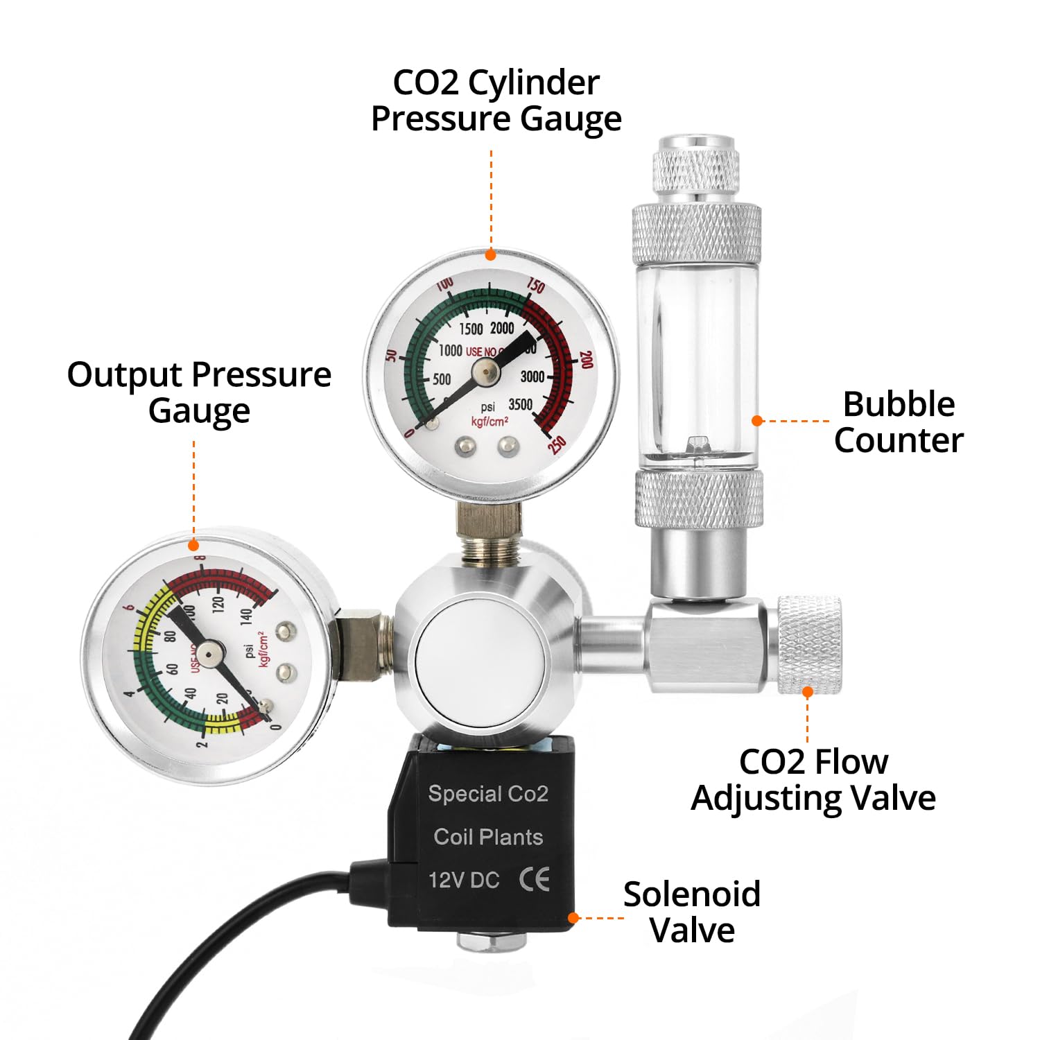 QWORK® Réducteur de Pression CO2 pour Aquarium, Connexion W21.8, Double Manomètre, Compte-Bulles, Clapet Anti-Retour et Électrovanne 12 V