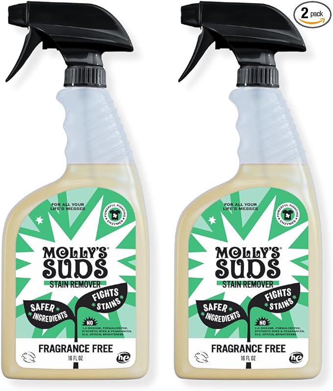 A bottle and spray nozzle for Molly's Suds Stain Remover.