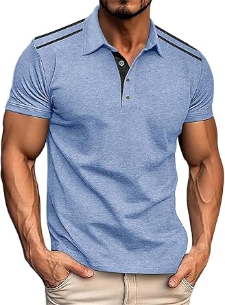 Mens Short-Sleeved Lapel Polo Shirt Button Color Blocked Henley Shirts Business Fashion Basic Golf Tee Shirt