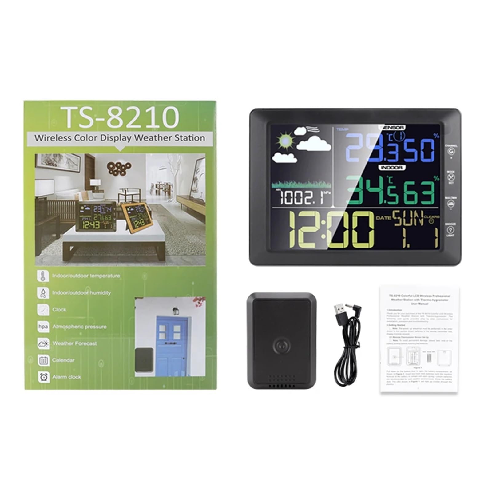 Wireless Color Screen Weather Station Clock Indoor Outdoor Temperature Humidity Meter Forecast Sound Control -40-60C(Wooden)