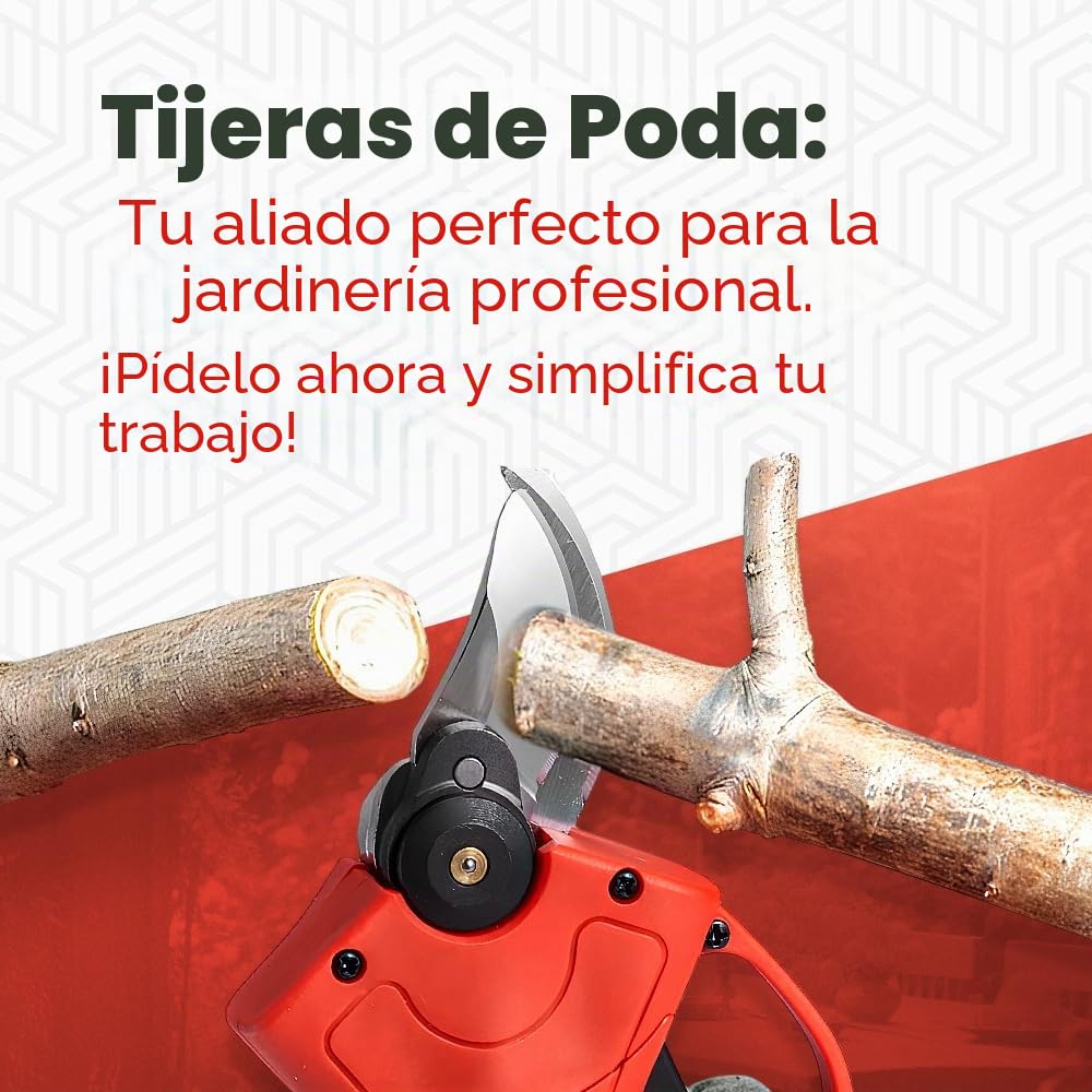 Tijeras de podar eléctricas con 2 baterías de 48 V y maletín, tijeras portátiles profesionales – Corte preciso y asistencia de batería inmediata (Rojo)