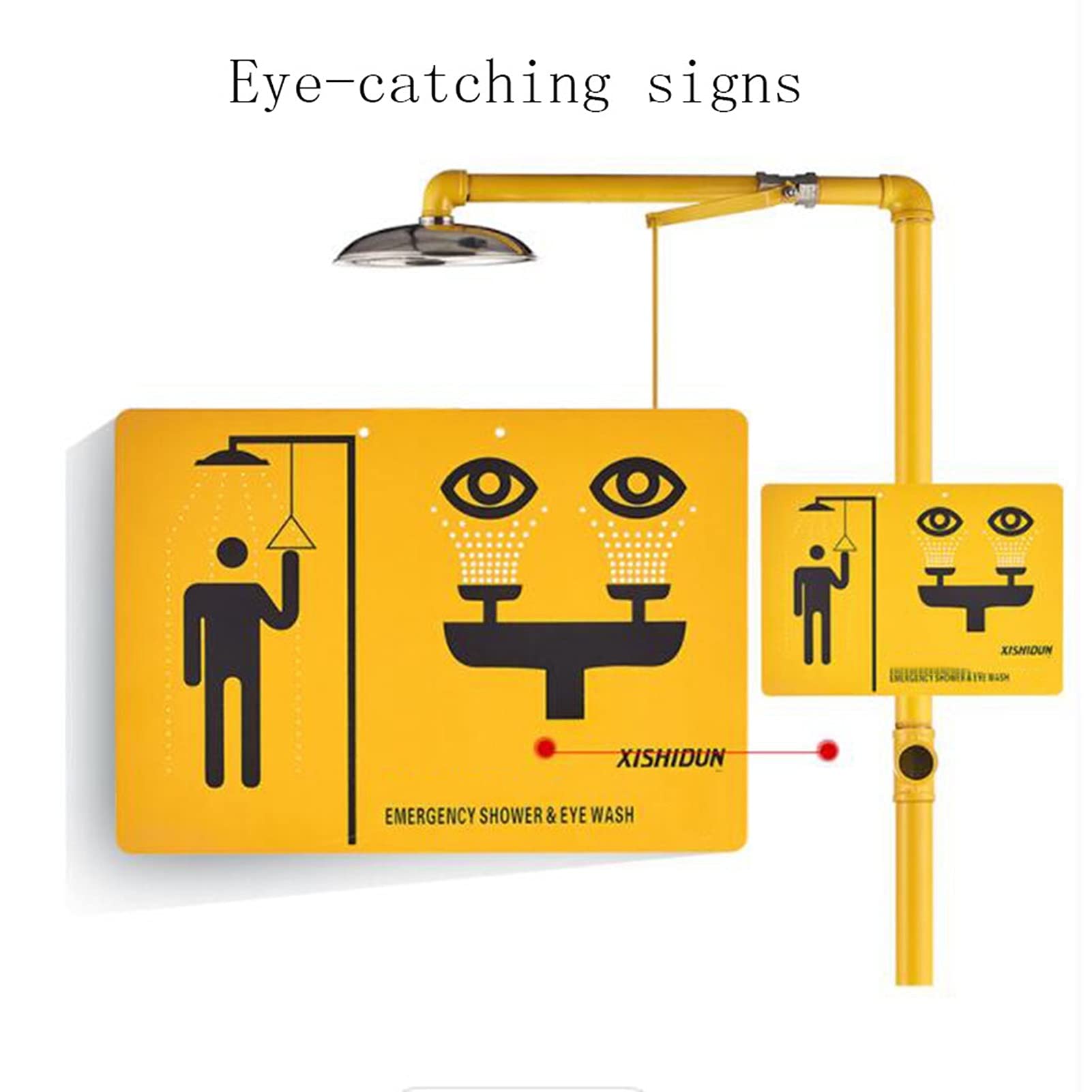 Estación lavaojos de Emergencia de Acero Inoxidable con Revestimiento ABS, Ducha combinada con lavaojos y Control Dual Manual y de pie (Amarilla)