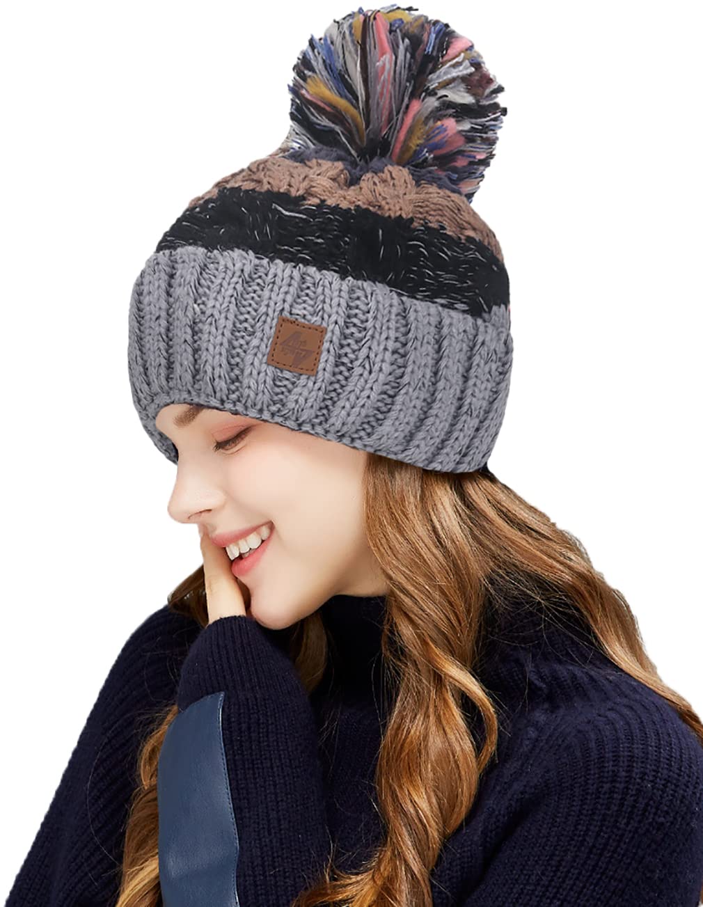4Sold Women's Grey Black Beanie Warm Winter Corkscrew Cable Knitted Bobble Hat Plain Ski Pom Wooly Cap