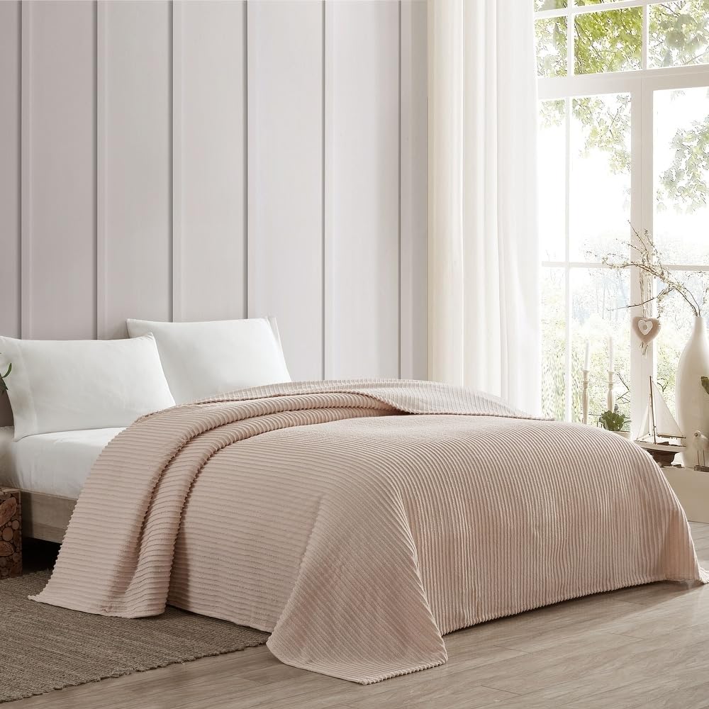 1 Piece Lightweight 100% Cotton Tufted Chenille Bedspread King Size Textured Channel Stripe Design | All Seasons Blush Pink Color Shabby Chic Bedding Western Aesthetic Look Soft Plush Cozy