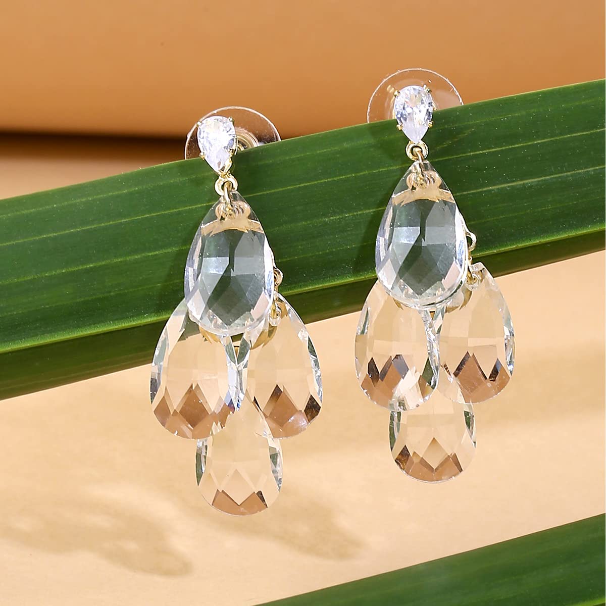 Women's Clear Crystal Studded Teardrop Shape Dangle Drop Earrings