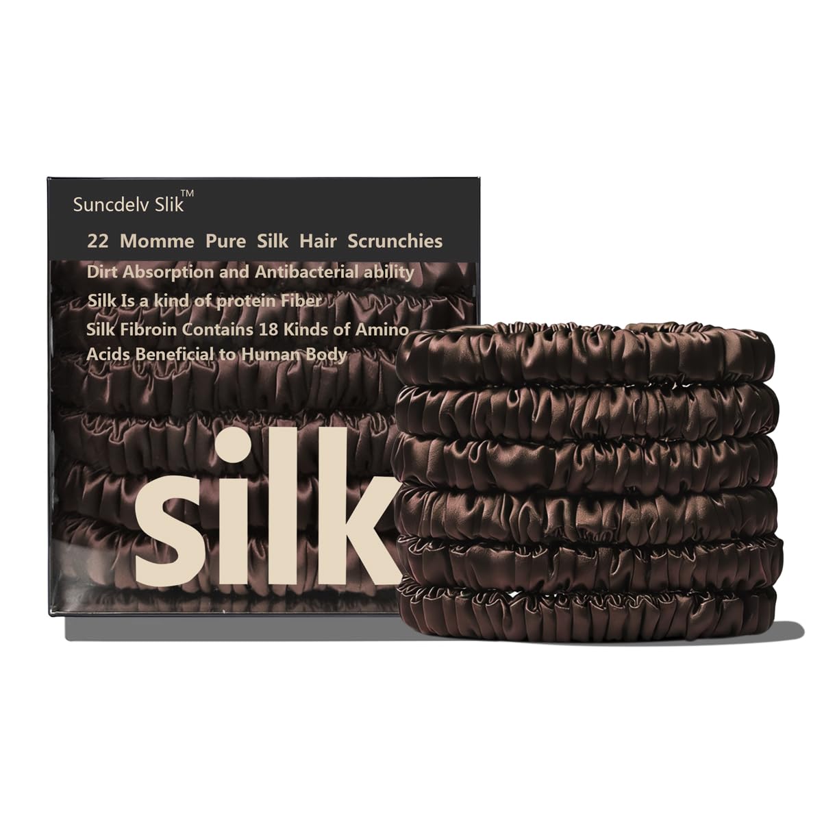 Suncdelv Silk,100% Silk Scrunchies for Hair,22 Momme Hair Ties for Anti-Crease & Breakage,Natural Women Hair Accessories，Fashion Hairbands 6PCS（Coffee