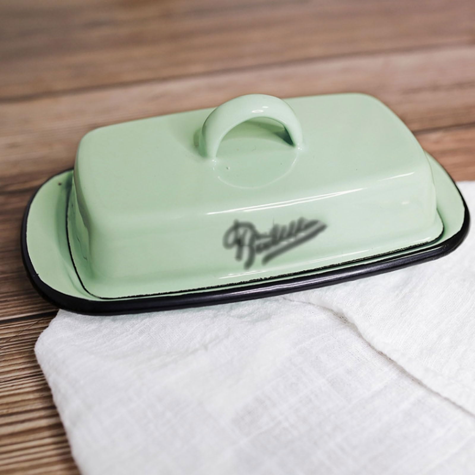 Beurrier vintage en émail avec couvercle – Plateau rétro bleu lac de 19,5 cm – Conservation du beurre et du fromage compatible avec la cuisinière