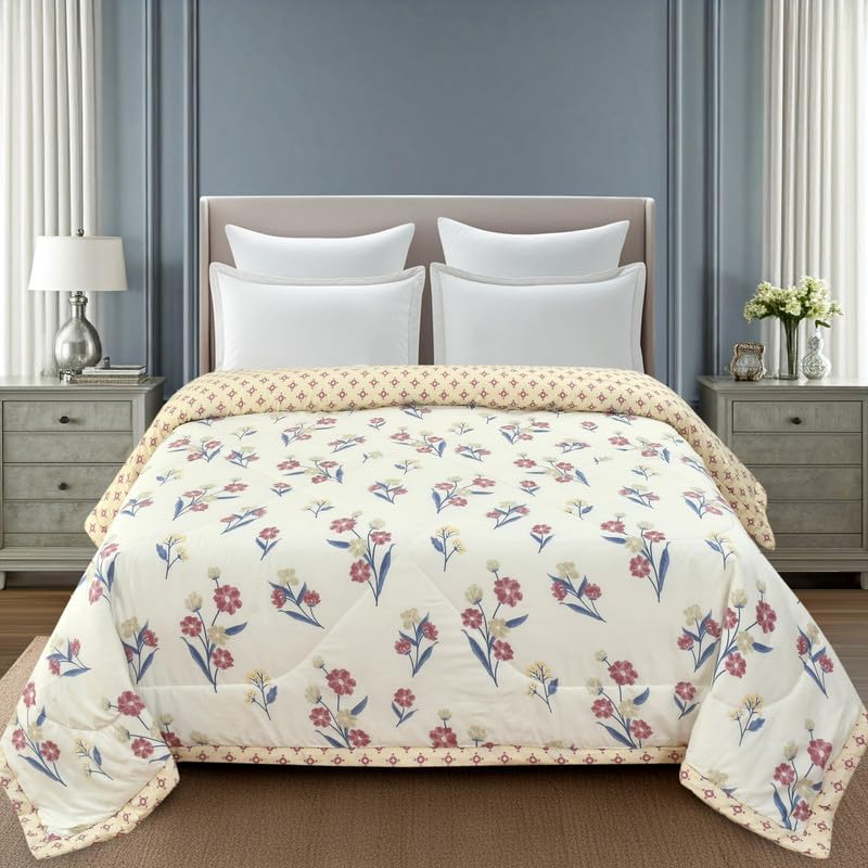 Image of Florida Maroon Floral Polycotton Double Bed AC Comforter with 1 Bedsheet & 2 Pillow Covers | Reversible 4 Pc Bedding Set