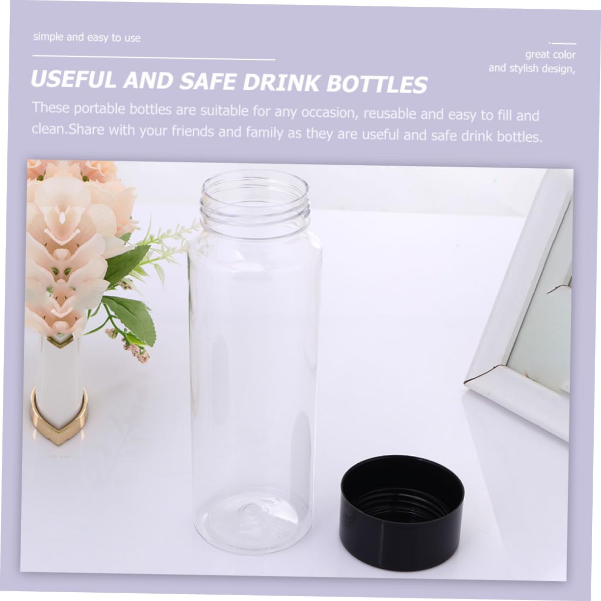 LABRIMP Diy Drinks Container: 400ml Plastic Milk Bottles Black Caps Round Water Bottles for Home Office