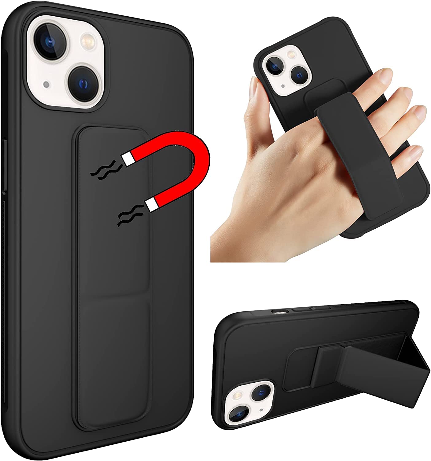 Zubitech Case for Iphone 15 Back Stand Case Magnetic Car Holder Soft Silicone Case Horizontal and Vertical Kickstand Cover Wrist Strap Full protection Case for iPhone 15 (iPhone 15, Black)