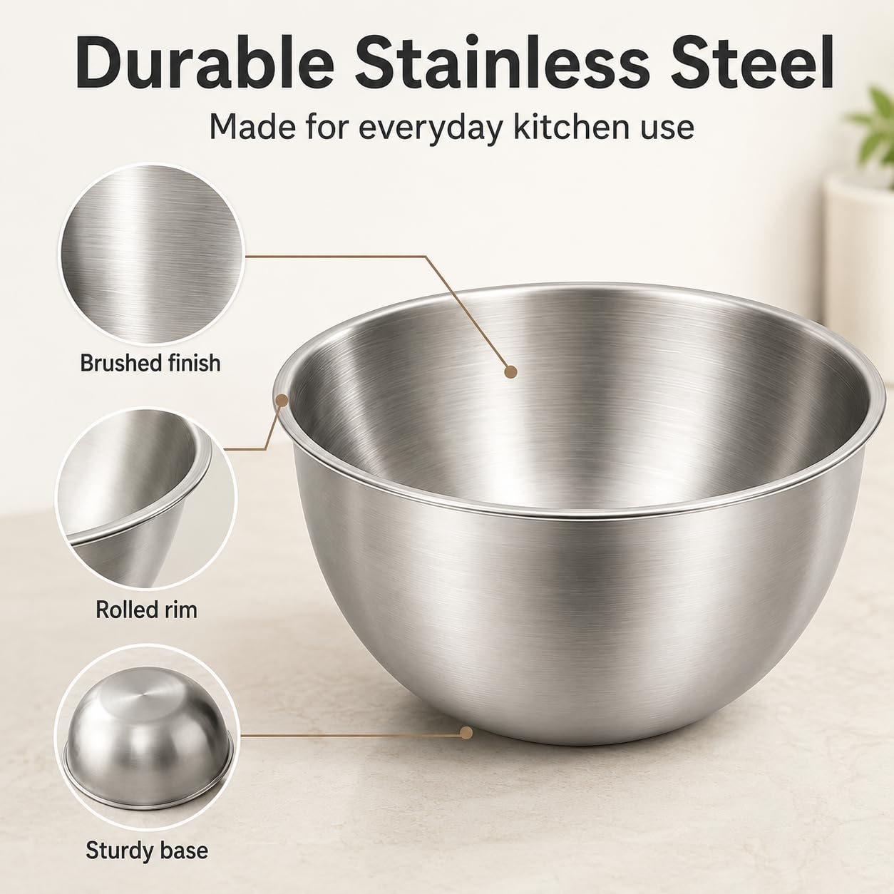 DDUP Set di 5 ciotole in acciaio inox con base piatta, da 28 cm a 17 cm, antiruggine e lavabili in lavastoviglie, ciotole da cucina per insalata, cucina, cottura