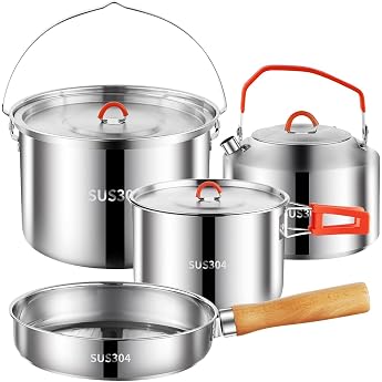 Camping Cookware Set Camping Cooking Set 304 Stainless Steel Camping Pots and Pans Set Durable Camping Equipment with Kettle for Hiking Outdoor Cooking Picnics
