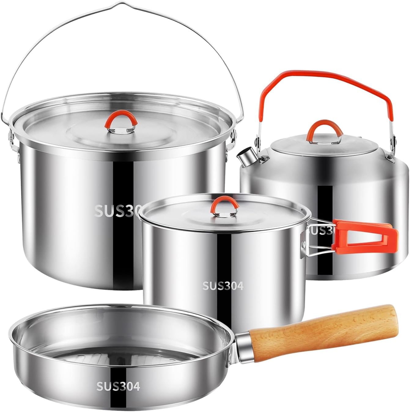 Set di pentole da campeggio, set da cucina da campeggio, in acciaio inox 304, set di pentole e padelle, durevole attrezzatura da campeggio con bollitore per escursioni, cucina all'aperto, picnic