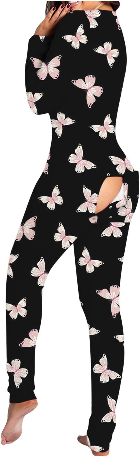 ORT Women Button-Down Front V Neck Jumpsuit Functional Butt Buttoned Flap Pajamas Adults Long Sleeve Rompers Sleepwear