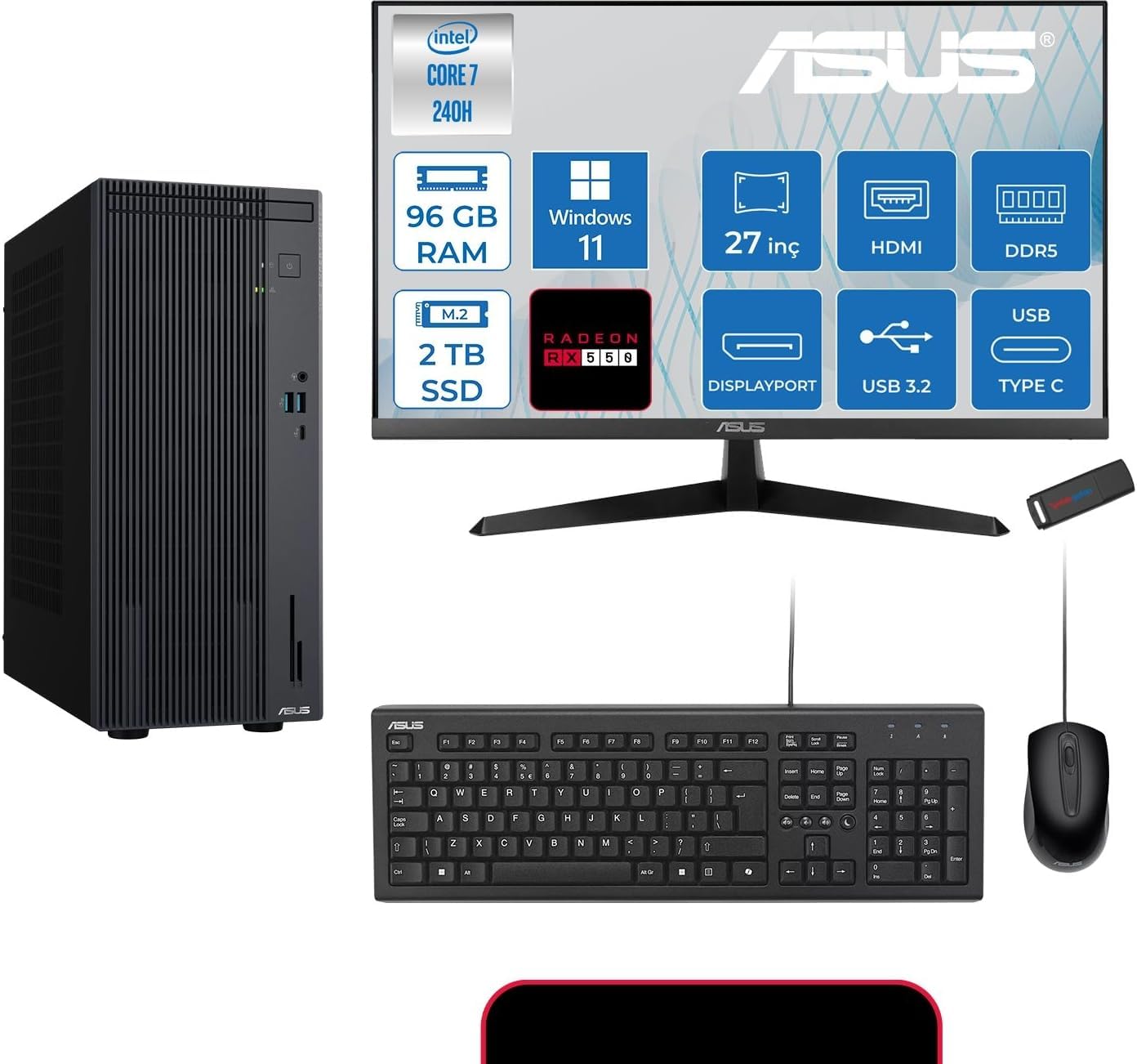 Asus Expertcenter P500MV Intel® Core™ Ultra 7 240H 5.2ghz Aı 96GB Ddr5 2tb SSD 27"120Hz 4GB/RX550 WIN11PRO Mini Tower Masaüstü Bilgisayar E724016512B0D21P34+ZETTAUSBBELLEK