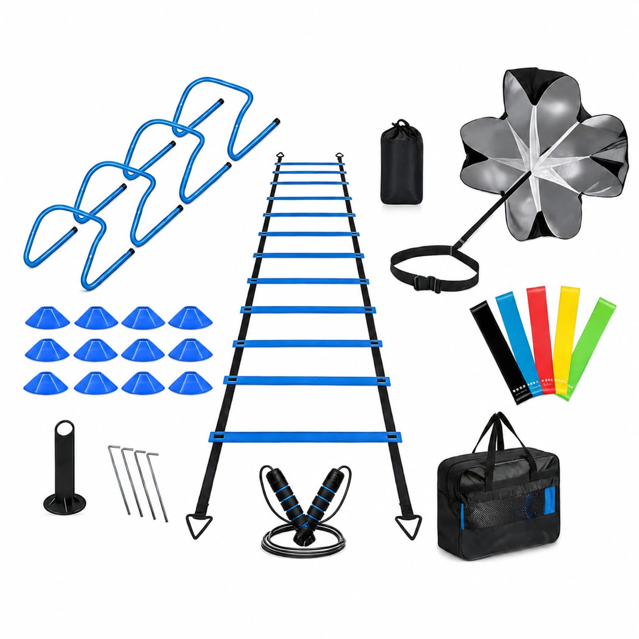LOVIVER Attrezzatura Calcio Set Allenamento con Agilità Ostacoli Coni Dischi Paracadute Resistenza in PP con Elastici Maniglie Adatta per Scuole Calcio Centri | | nylon | paracadute resistenza - bande - coni | corda, borsa trasporto, finger exerciser, per