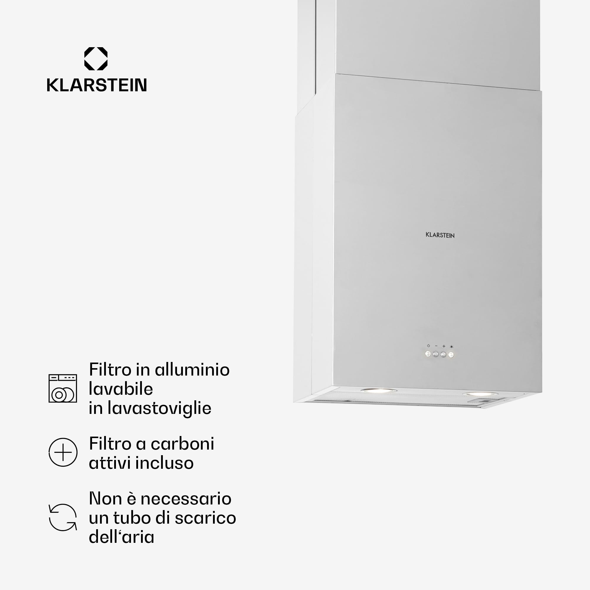 Klarstein Cappa Isola Sospesa, con Timer, Flusso d'Aria di 641m³/h, Cappa Sospesa per Isola Cucina con 3 Modalità e Filtri Antigrasso, Cappa Isola Sottopensile con Filtri a Carboni Attivi