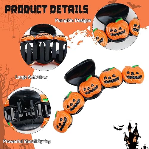 Miniatura 3 de Pinzas para el cabello de Halloween con diseño de calabaza para cabello grueso para mujeres, diseño de calabaza estereoscópica 5D, accesorios para