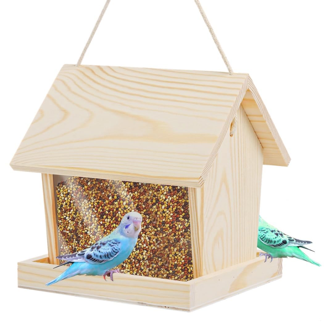 Vogelfutterstation aus Holz mit 2 Anflugschalen im Bauernhausstil hängendes Vogelhaus Futterstation für Wildvögel im Garten, Balkon und Traufe