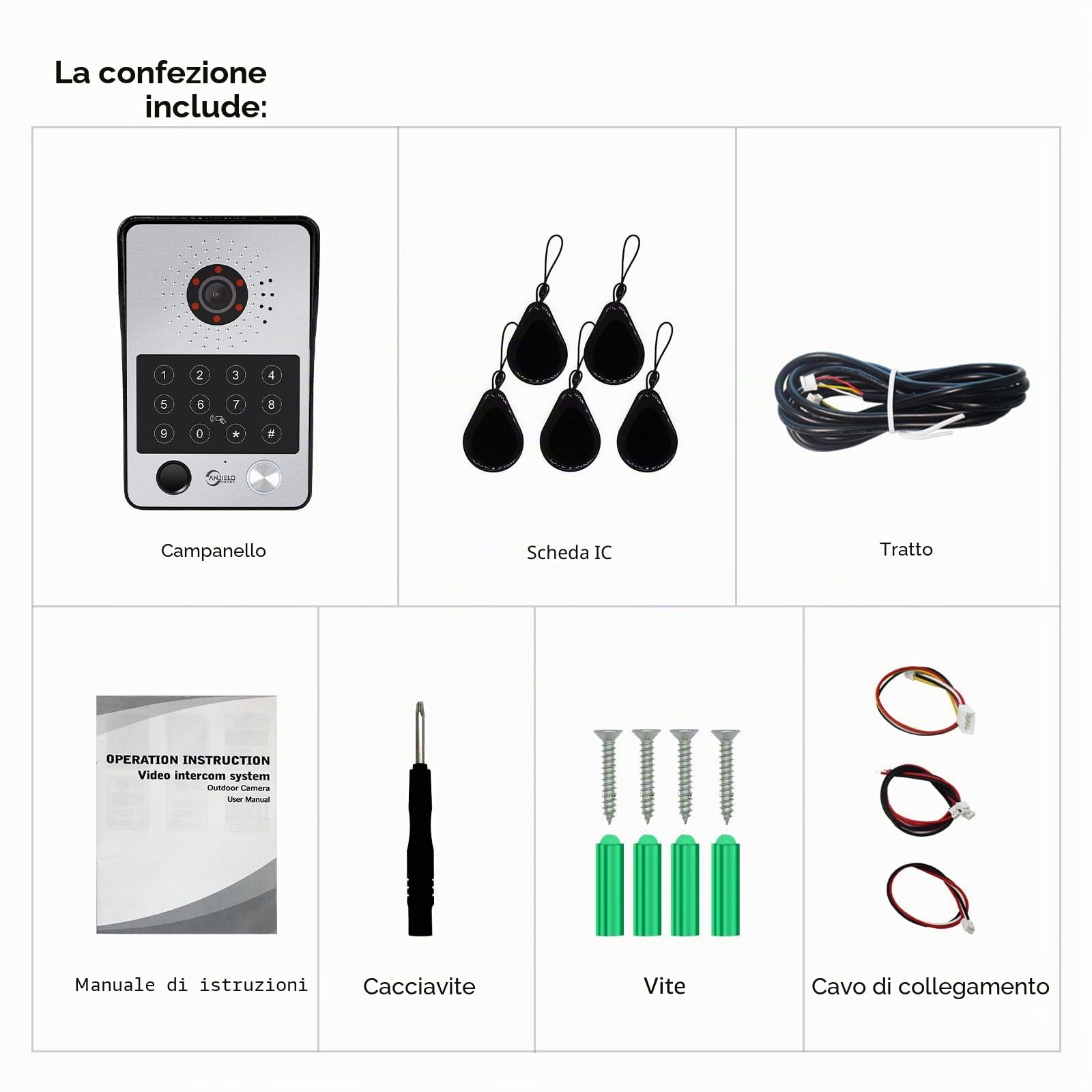 ANJIELO SMART Videocitofono con citofono (cablato), videocamera 1080p con monitor touch da 7", supporta impronte digitali, scheda IC, sblocco password (bianco)
