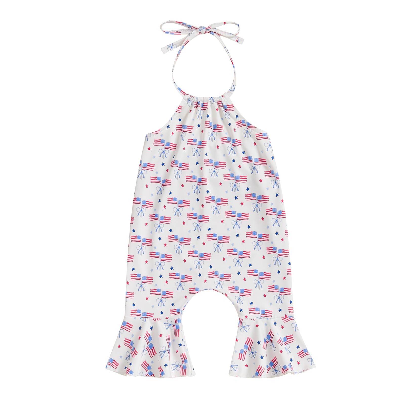 Gaono Toddler Baby Girl Bell Bottom Romper American Flag/Bow Halter Flare Pants Overalls Jumpsuit 4th of July Outfit (White, 3-4T)