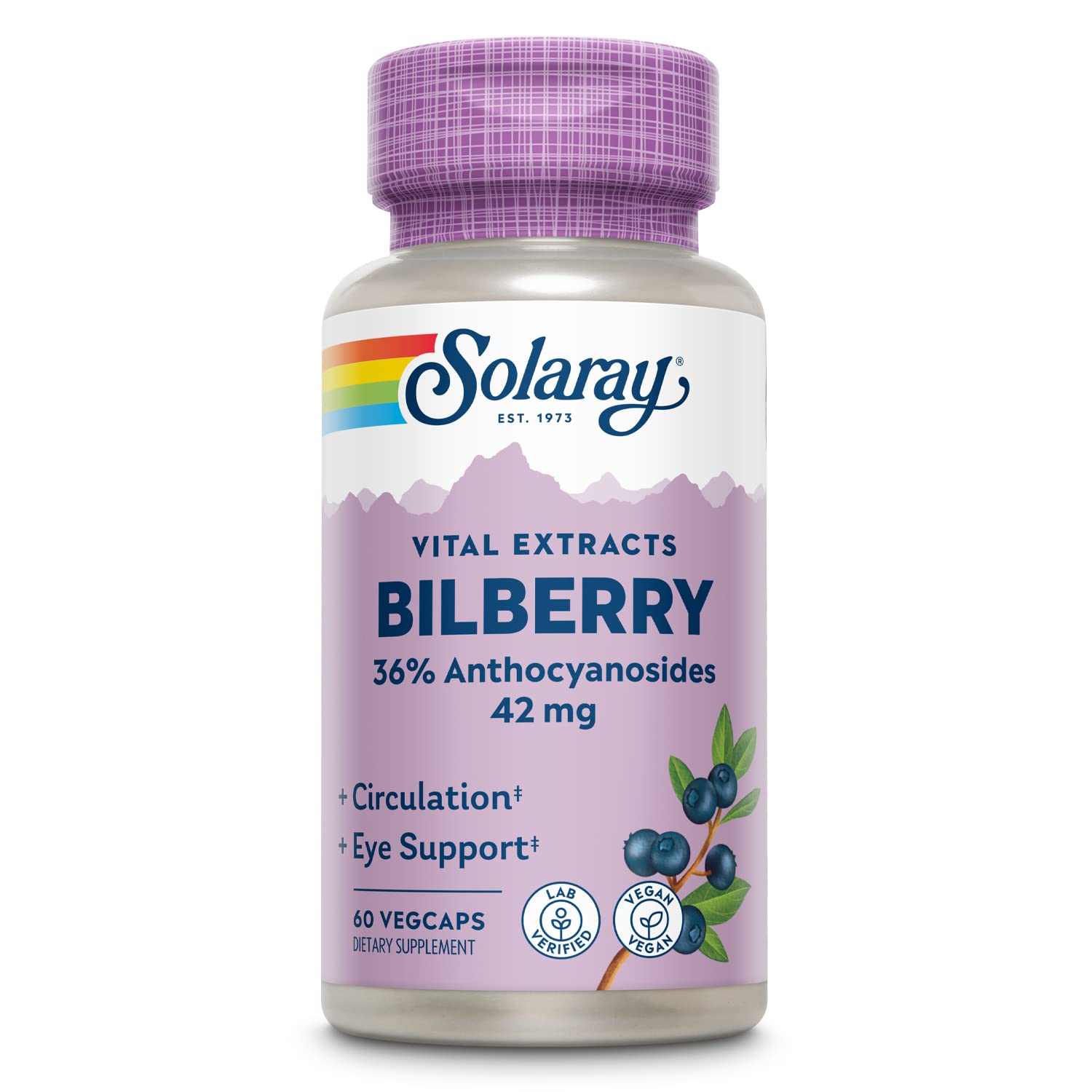 SOLARAY Suplemento fitoterápico de extrato de mirtilo 42 mg, 60 cápsulas
