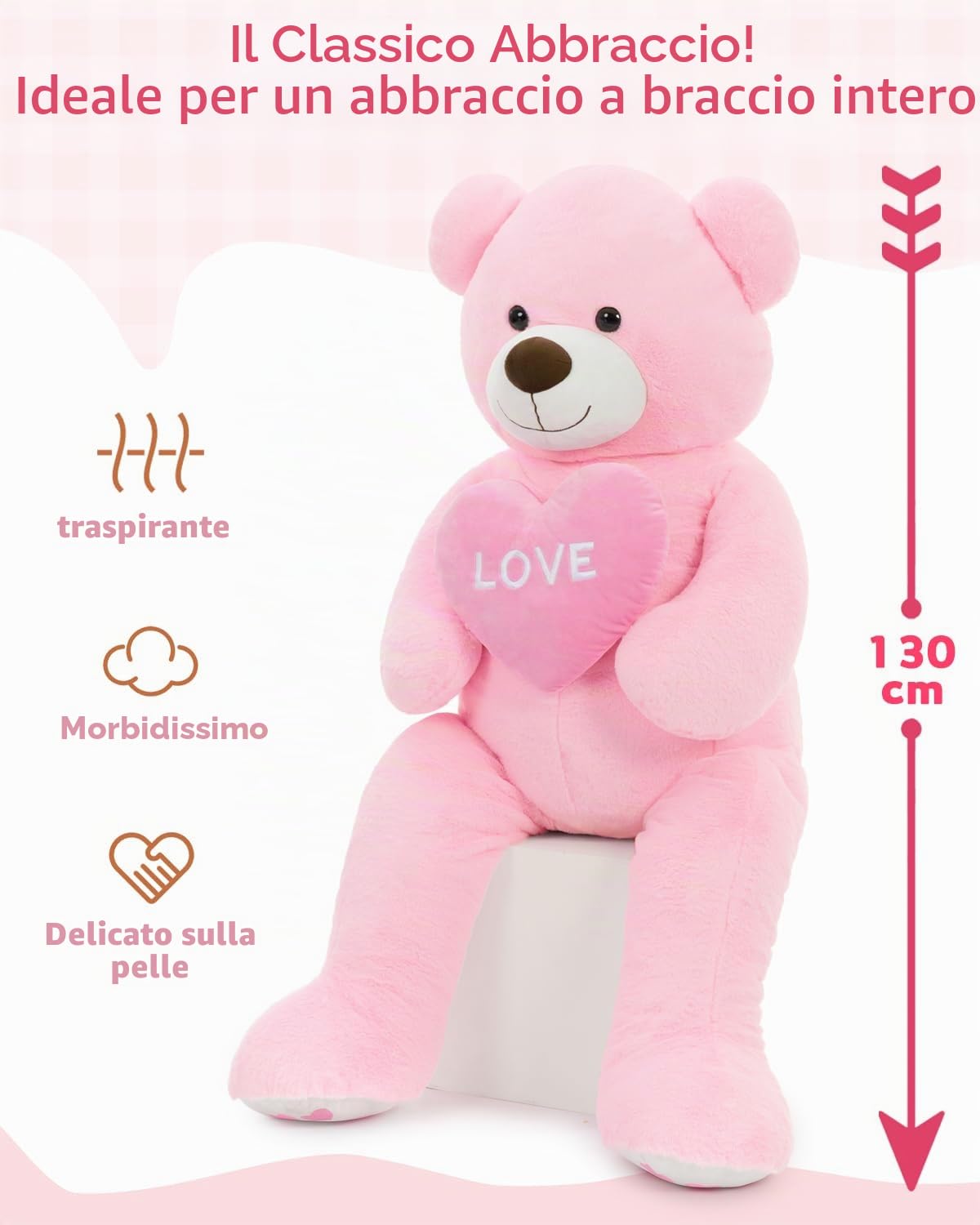 MorisMos 130cm Orso Peluche Gigante con Love, XXL Rosa Orsacchiotto di Peluche Grande Morbido Orsetto Pupazzo Regalo per Bambino Fidanzata Compleanno San Valentino