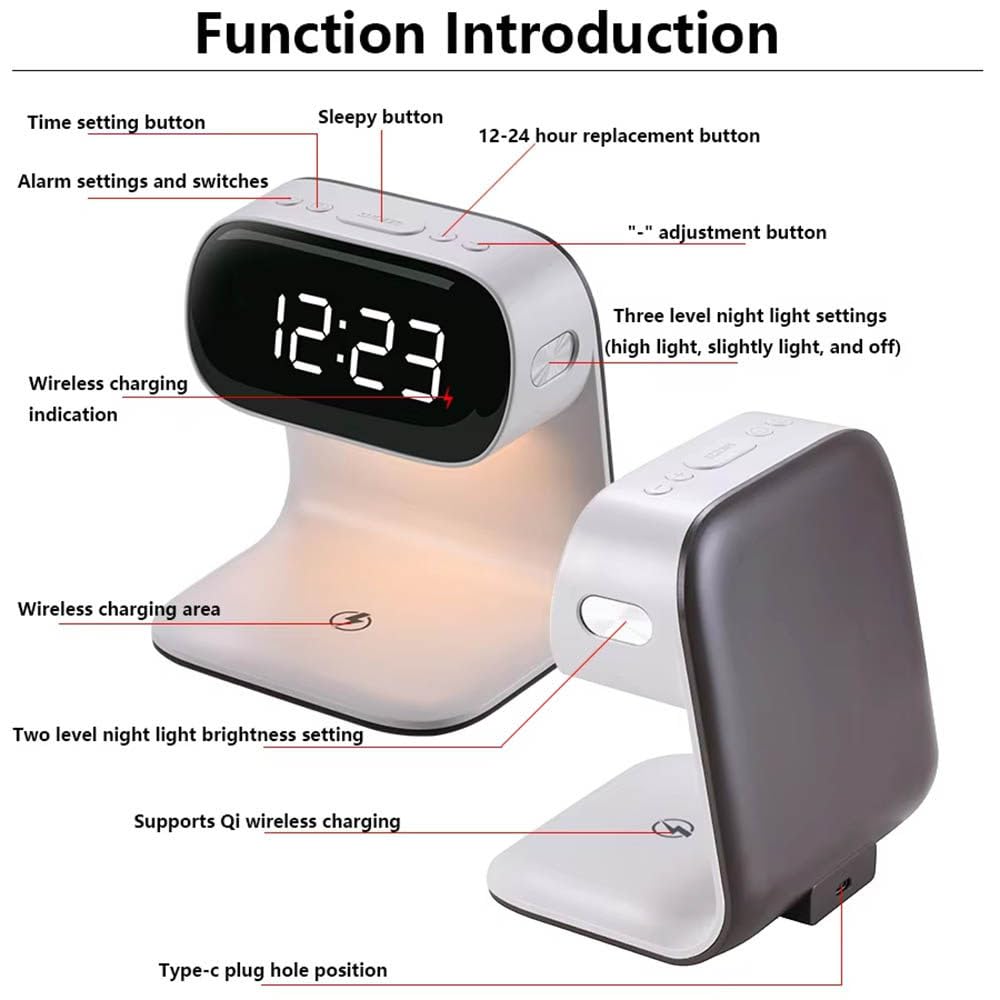 LáMpara De Noche, Despertador Digital, Despertador con Luz De Amanecer, Carga InaláMbrica De 15 W, 3 Niveles De Brillo, Ideal para Varones Y Mujeres