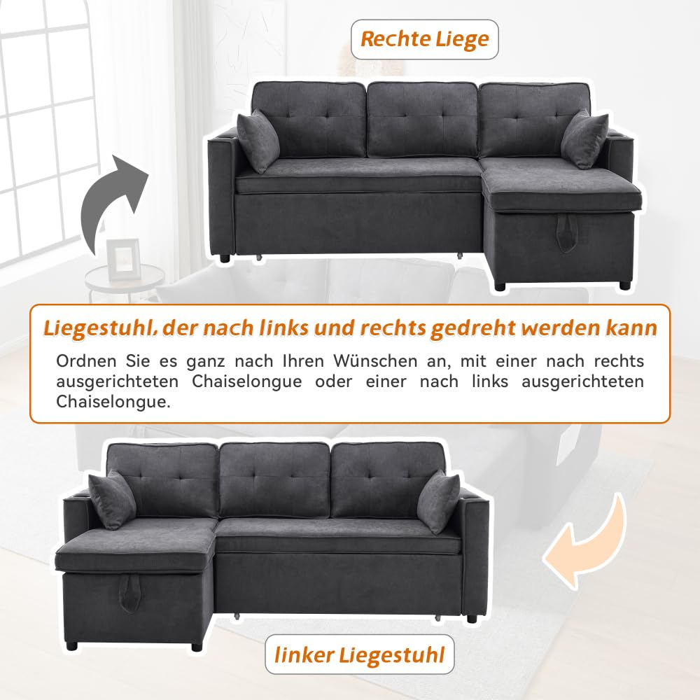 Sofá cama 3 plazas, sofá cama con función de sueño, sofá cama de una plaza y media en L, sillón salón con almacenamiento, con portavasos