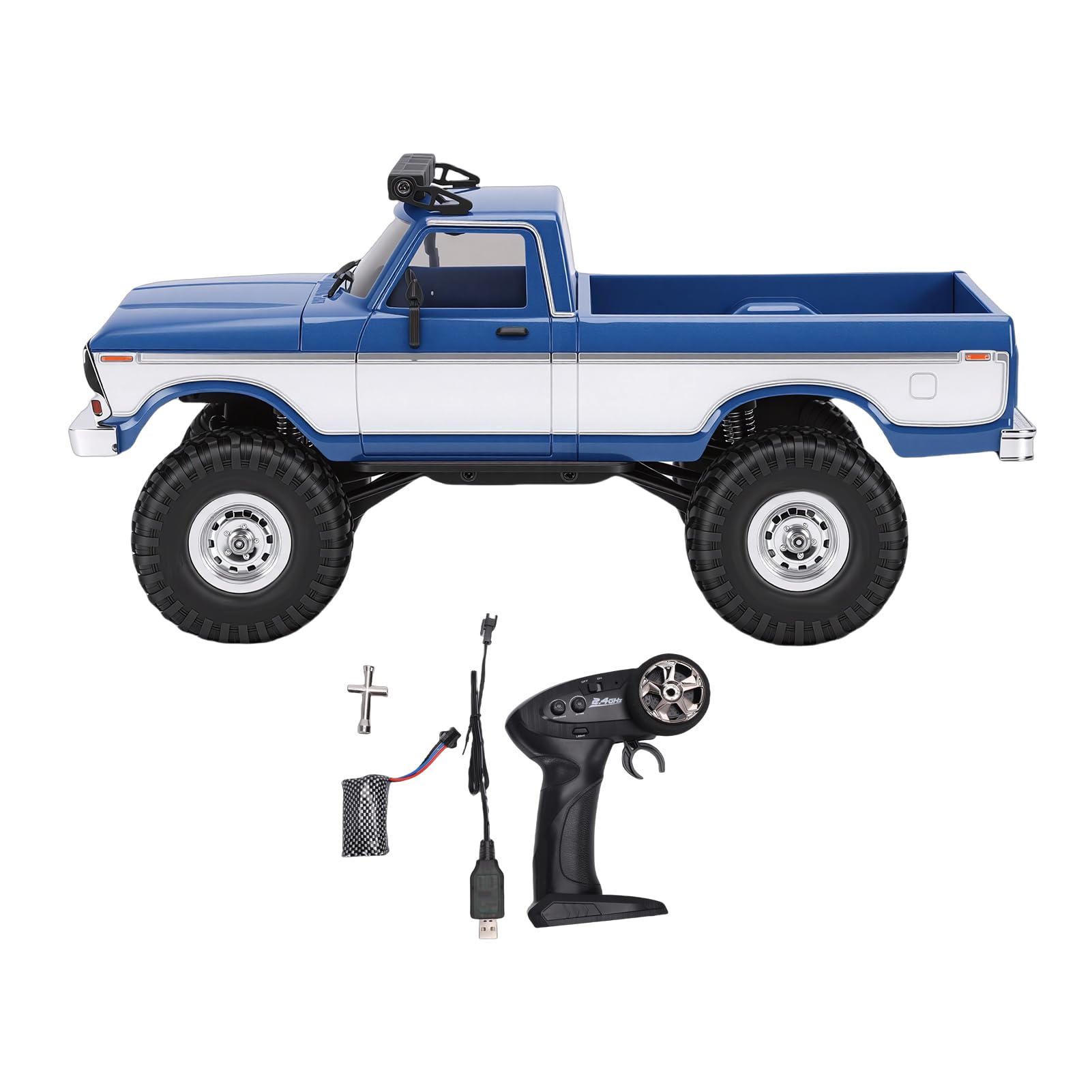 Fockety Camion RC 1/16, Auto RC con Luce e Ammortizzazione per Superfici Rocciose, Sabbia e Spiagge, Camion Giocattolo Fuoristrada Telecomandato ad Alta Velocità 2.4G per Regali (BLUE)