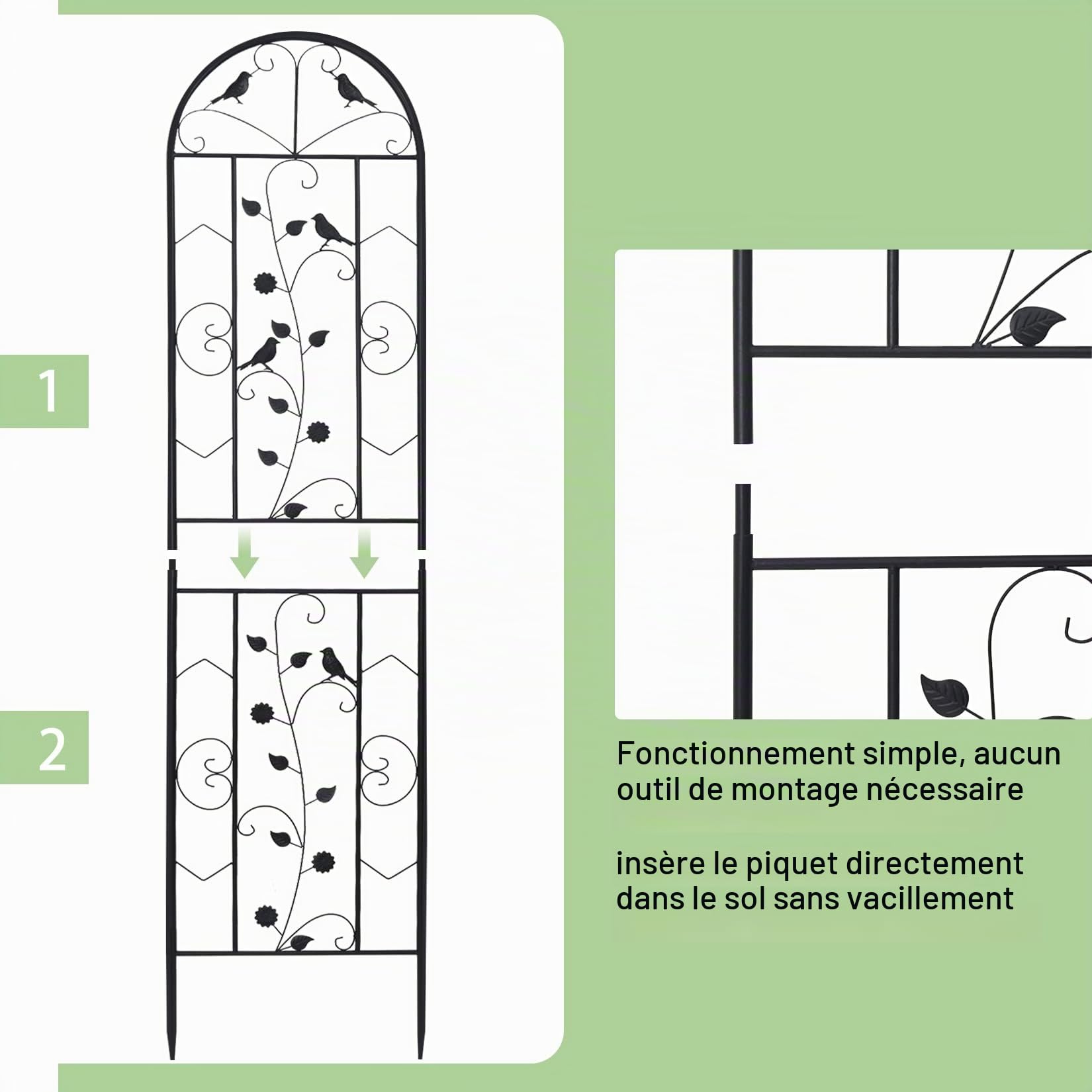 UNHO Treillis Plante Grimpante Extérieur: Grande Support pour Fleurs Grimpantes Lot de 2 Treillage de Jardin en Fer Forgé pour Rosiers Jasmin Décoratif Métal - 210x50 cm Noir