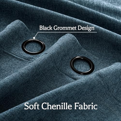 Image of 100% Blackout Curtains for Bedroom, Luxury Chenille Thermal Insulated Drapes for Living Room, Energy Saving Room Darkening 108 Inch Long Curtains, Grommet Top, 2 Panels, 52 inch W x 108 inch L, Blue