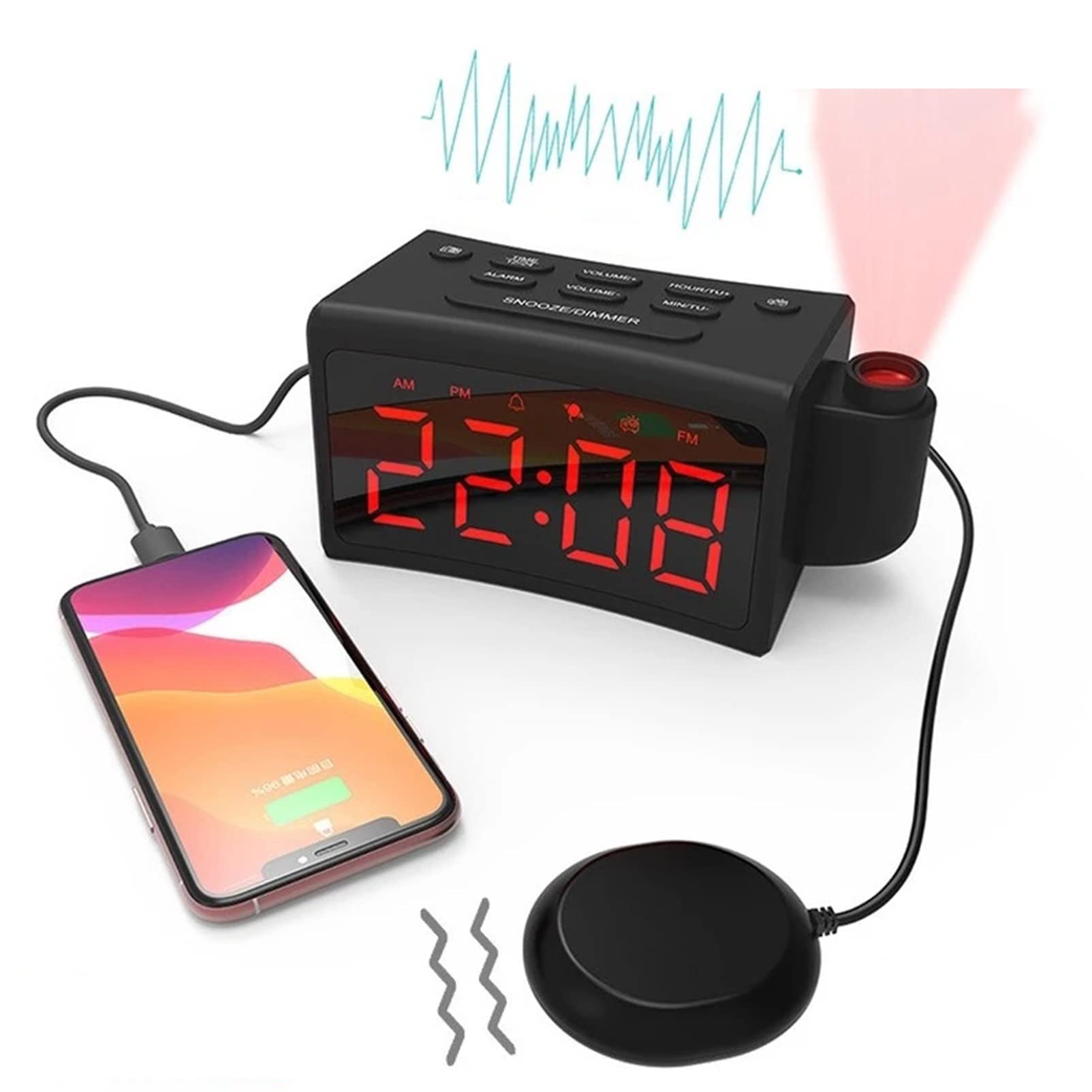 Radio-réveil à Projection FM, avec Port USB avec Double Alarmes, Interrupteur 12/24 Heures - pour Chambre à Coucher, Bureau