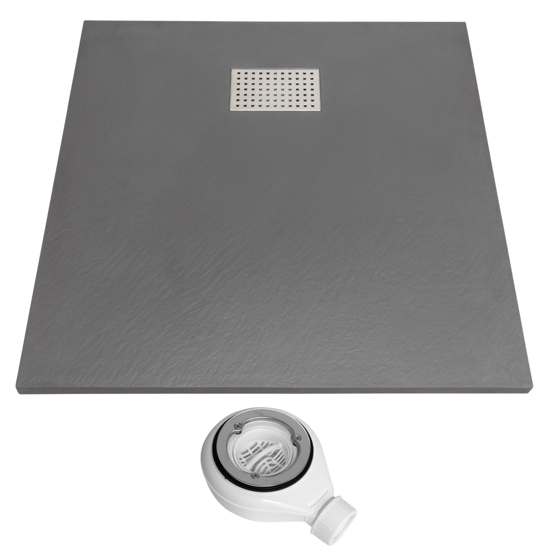 Thermopanel SMC Dark Grey Shower Trays Base Slate Stone Effect Textured Non Slip with Waste and Stainless Steel Cover - 1200 x 900mm