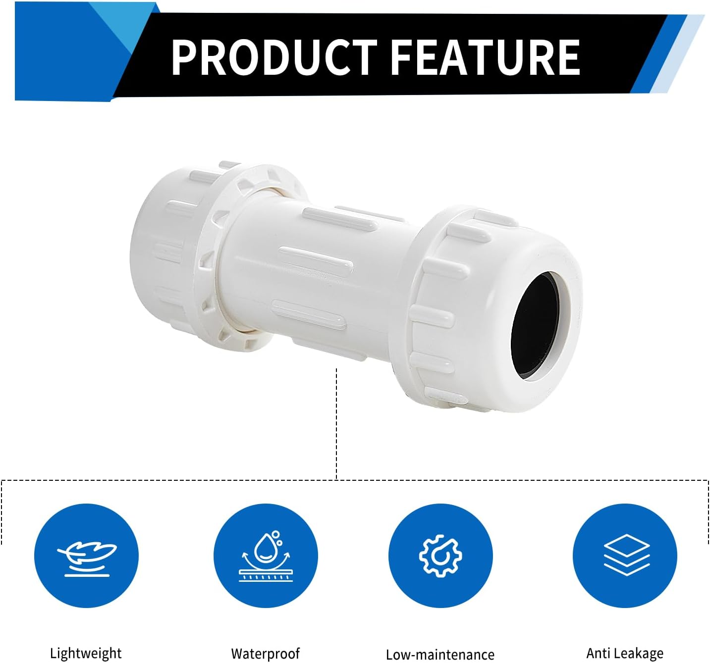 DONWARE 11/2-inch PVC Compression Coupling, Pipe Fittings Adapter Connection, Quick Union Connecting Piping and Repairs of PVC Pipe, NSF Schedule 40 ASTM D2466 White