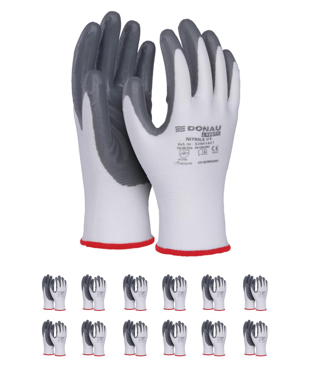 DONAU SAFETY Arbeitshandschuhe Montagehandschuhe Handschuhe Herren/Gre  09, 12 Paar/Kat. II/Wei-Grau/Handschuhe mit Nitril Beschichtung fr  MontagearbeitMechaniker, Gartenarbeit und Bauarbeiten : Amazon.de: Baumarkt