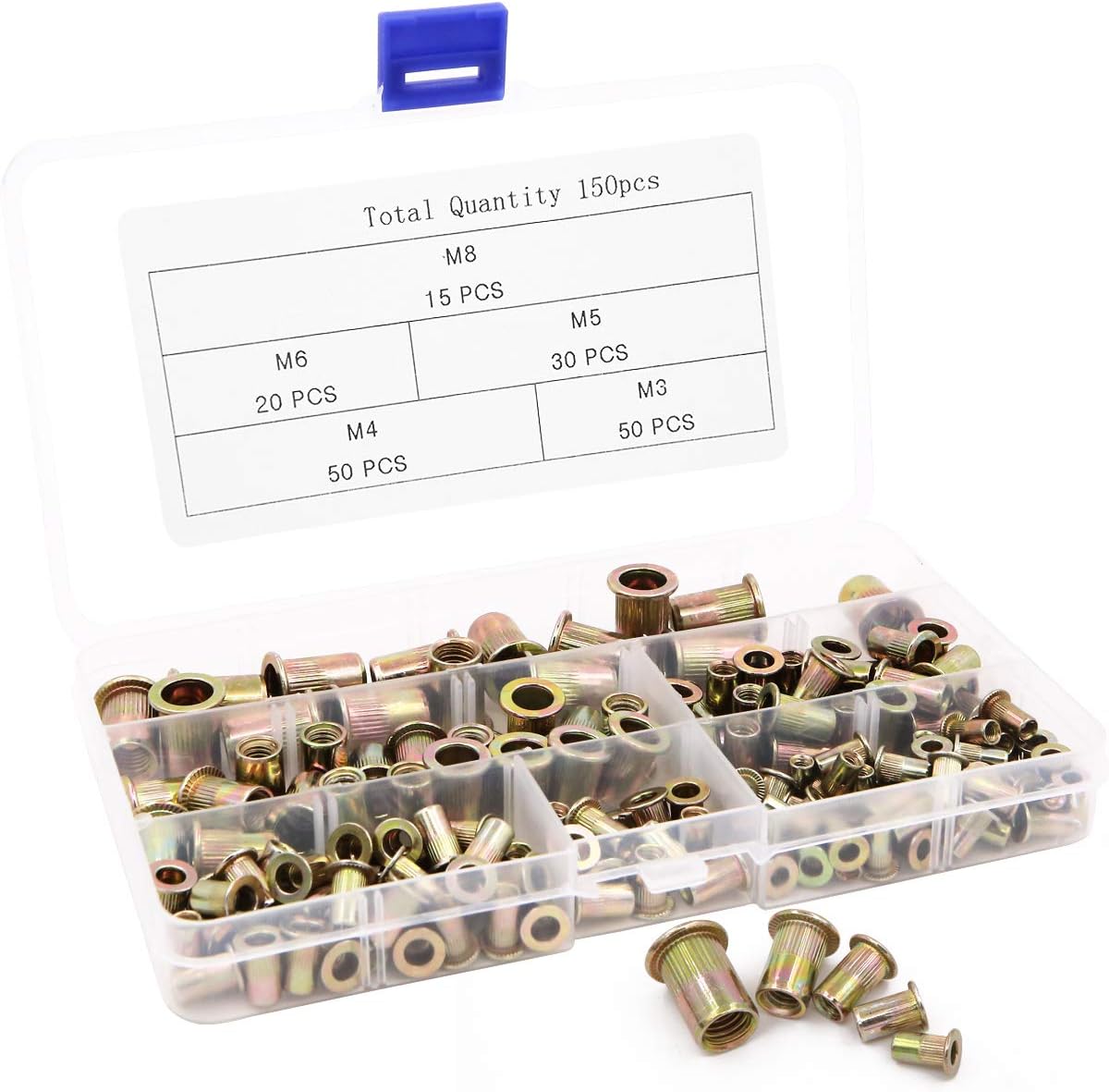 Prettyui 165 pcs Assorted Rivet Nuts Set Rivnuts Knurled Steel Head Nutserts M3 M4 M5 M6 M8