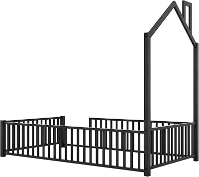 Merax Kids Montessori Floor Bed Frame Twin Size, Metal House Platform Daybed with Fence and Chimney for Boys, Girls Bedroom, Black