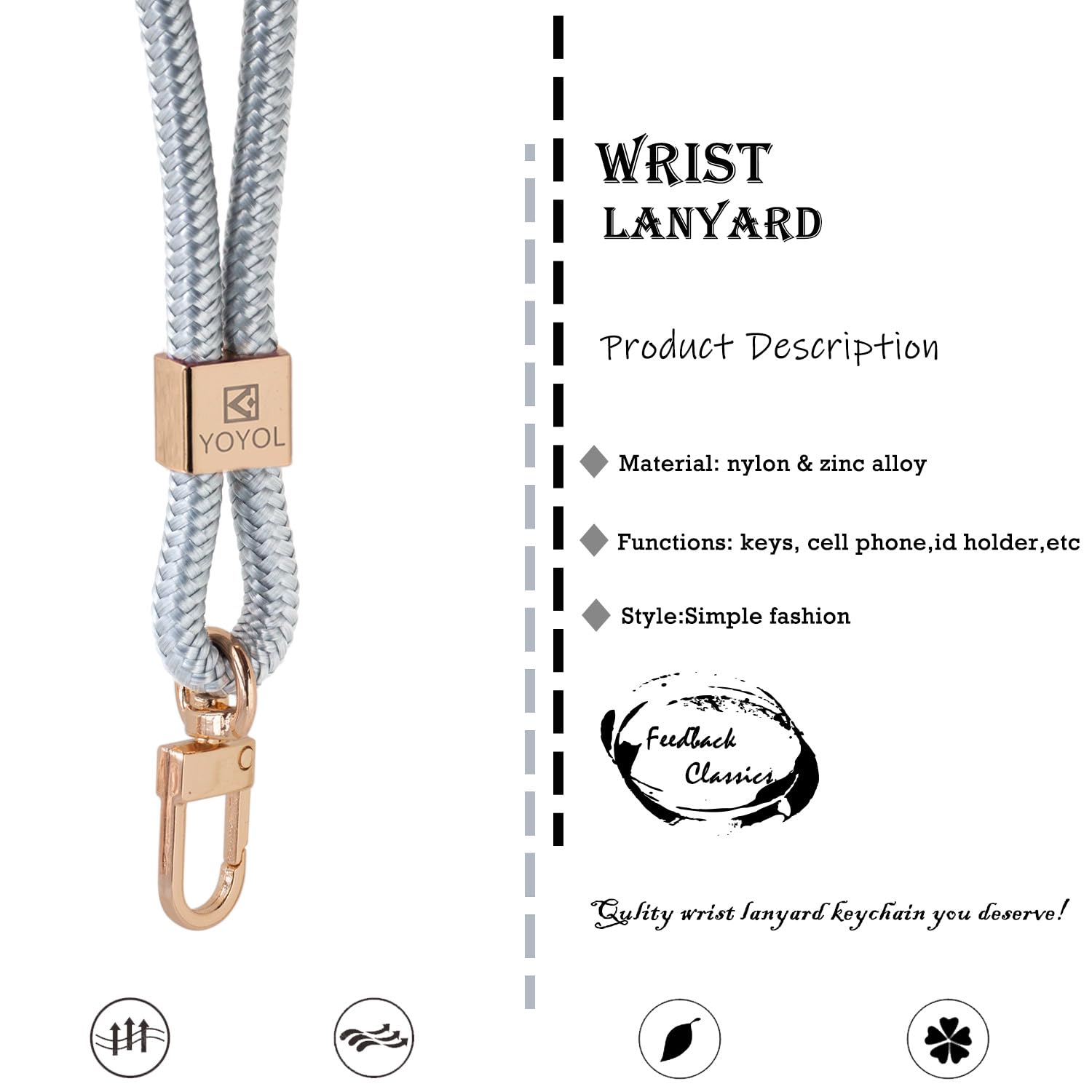 YOYOL Wrist Lanyards Key Chain,Wristlet Strap Holder Strap Holder for Keys,Phones,Wallet, USB,Etc, 155 Silver Gray, 7.6"/Long - Image 2