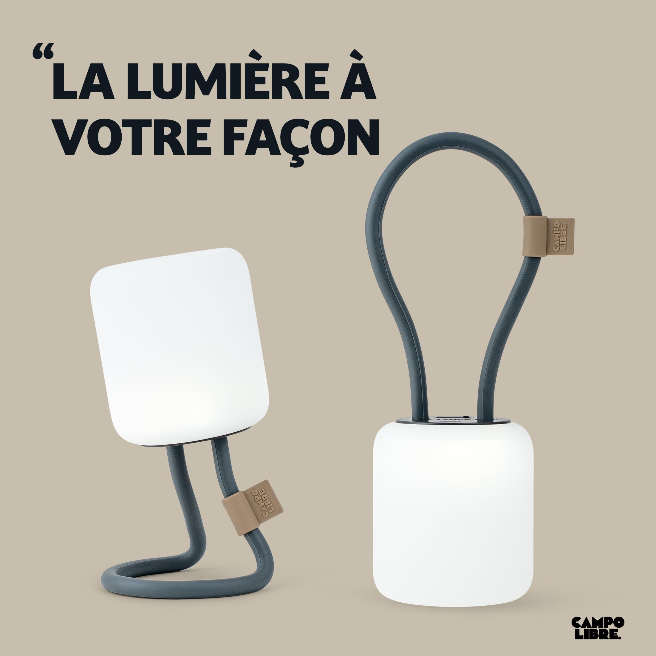 Campo Libre.® LENI Lampe de Camping – Lumiere Exterieure avec Poignée Flexible, Lampe LED Dimmable, Lanterne IPX4, 200 h d’Autonomie, Coque SqueezeShell Incassable, Recharge USB-C, Rectangle, Gris