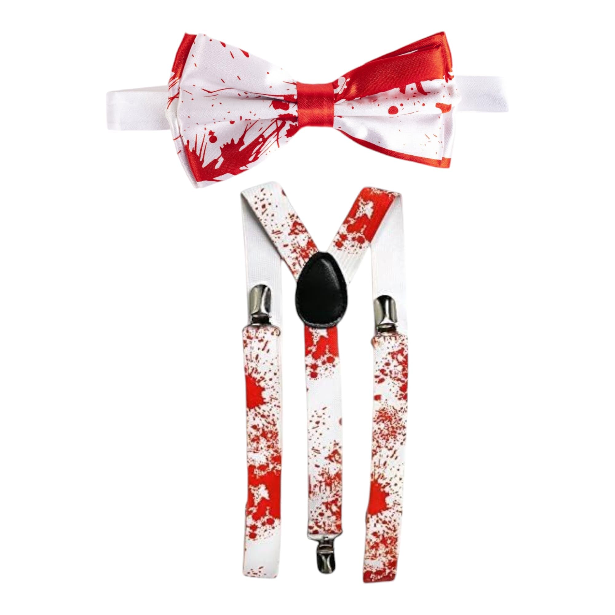 The Tie Company Unisex Red & White Blood Splattered Horror Costume Accessories Set - Bow Tie, Braces, Tie & Stockings With Realistic Blood Stains For Halloween,Custome,Party(Choose Your Style) (Bow Tie & Braces, )