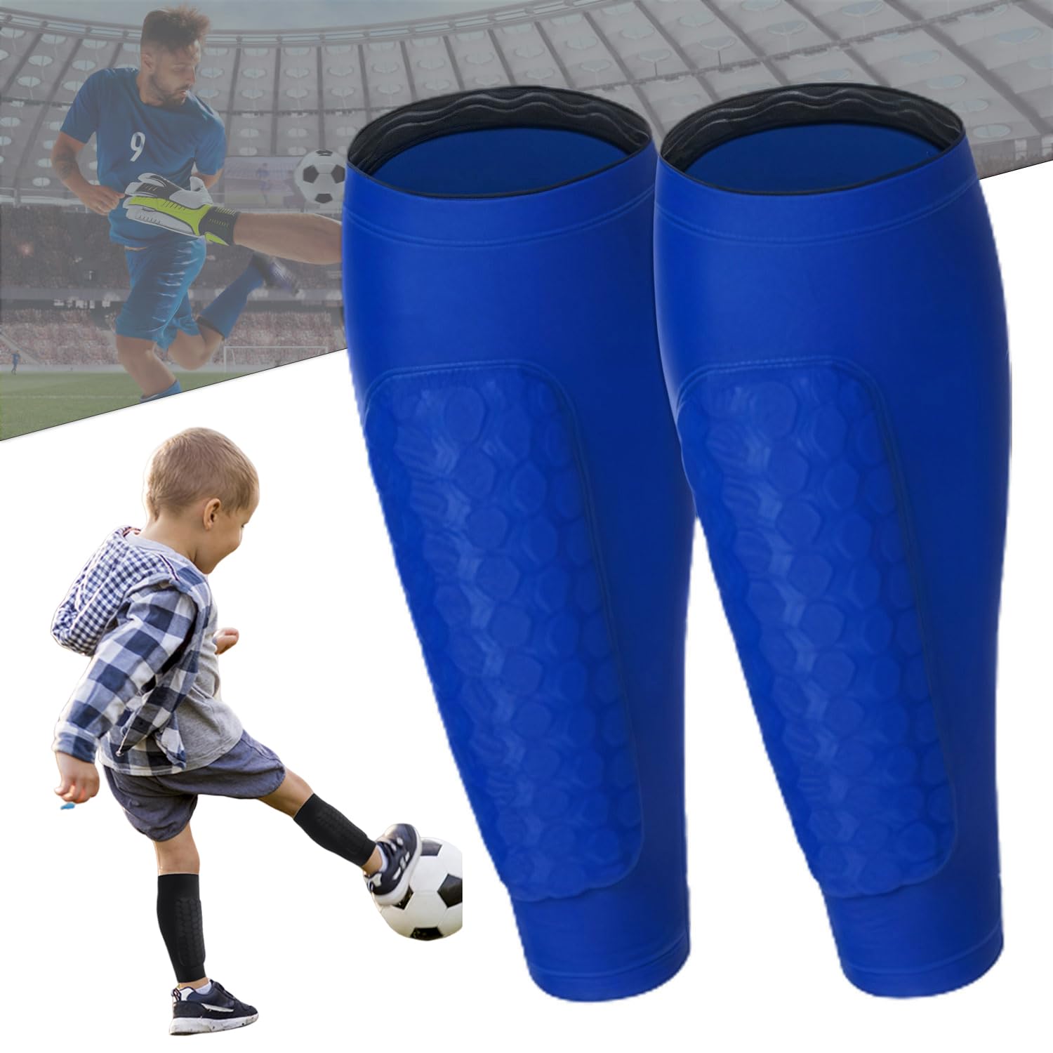 Tapis Design-Shin Pads Football, 1 Pair Shin Pad Sleeves Impact Protection, Ski Shin Protector with Honeycomb Pads, Shin Guard Sleeves for Men, Women & Kids (Blue, XL)