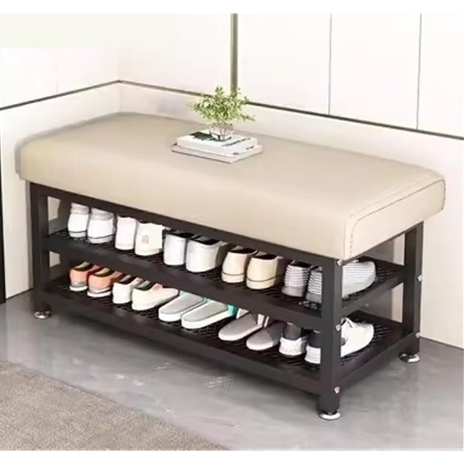 WJFTODAY Beige Entryway Bench with Shoe Storage Upholstered Cushion Seat & Shoe Rack Compact Mudroom 120×32×51cm for Hallway & Entryway Decor