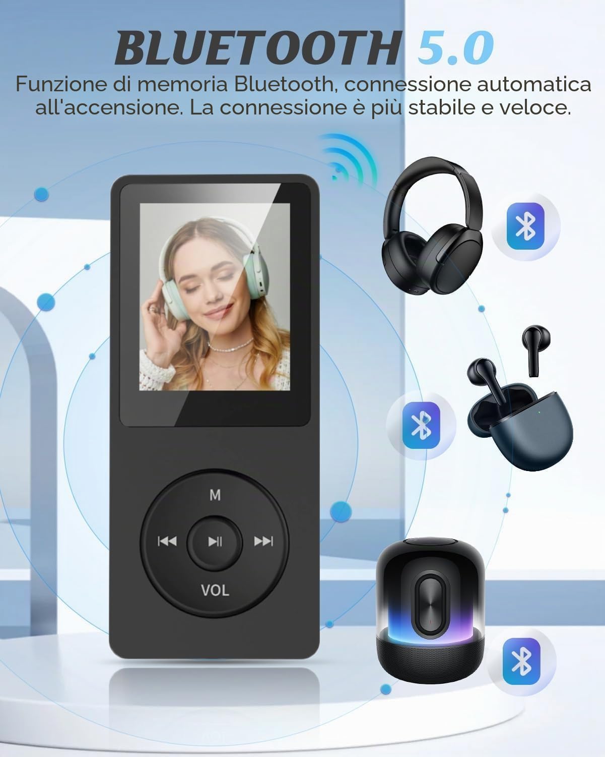 32 GB Lettore MP3 Bluetooth 5.3 con display TFT a colori da 1,8" con cuffie, radio, e-book, registrazione, supporto fino a 128 GB, nero