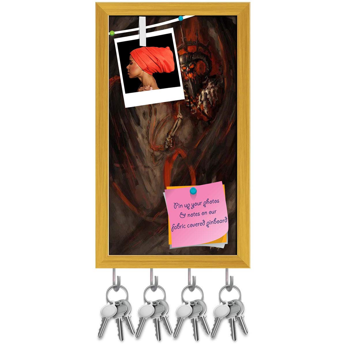 Artzfolio Firer Reaper Key Holder Hooks | Notice Pin Board | Golden Frame 10 X 17.8Inch